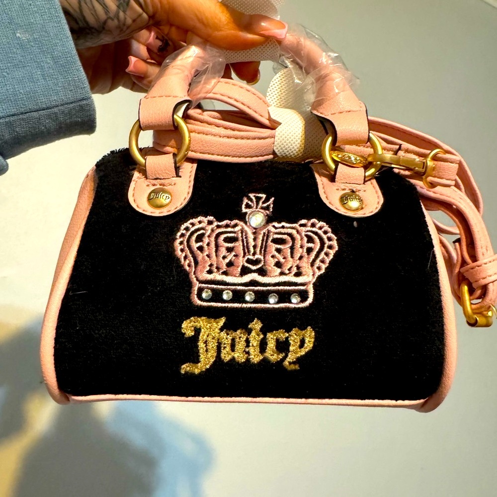 Juicy Couture Rare Micro Black and Pink Handbag velour removable crossbody NWOT